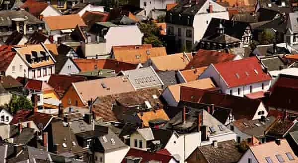 Aerial view of differently colored rooftops