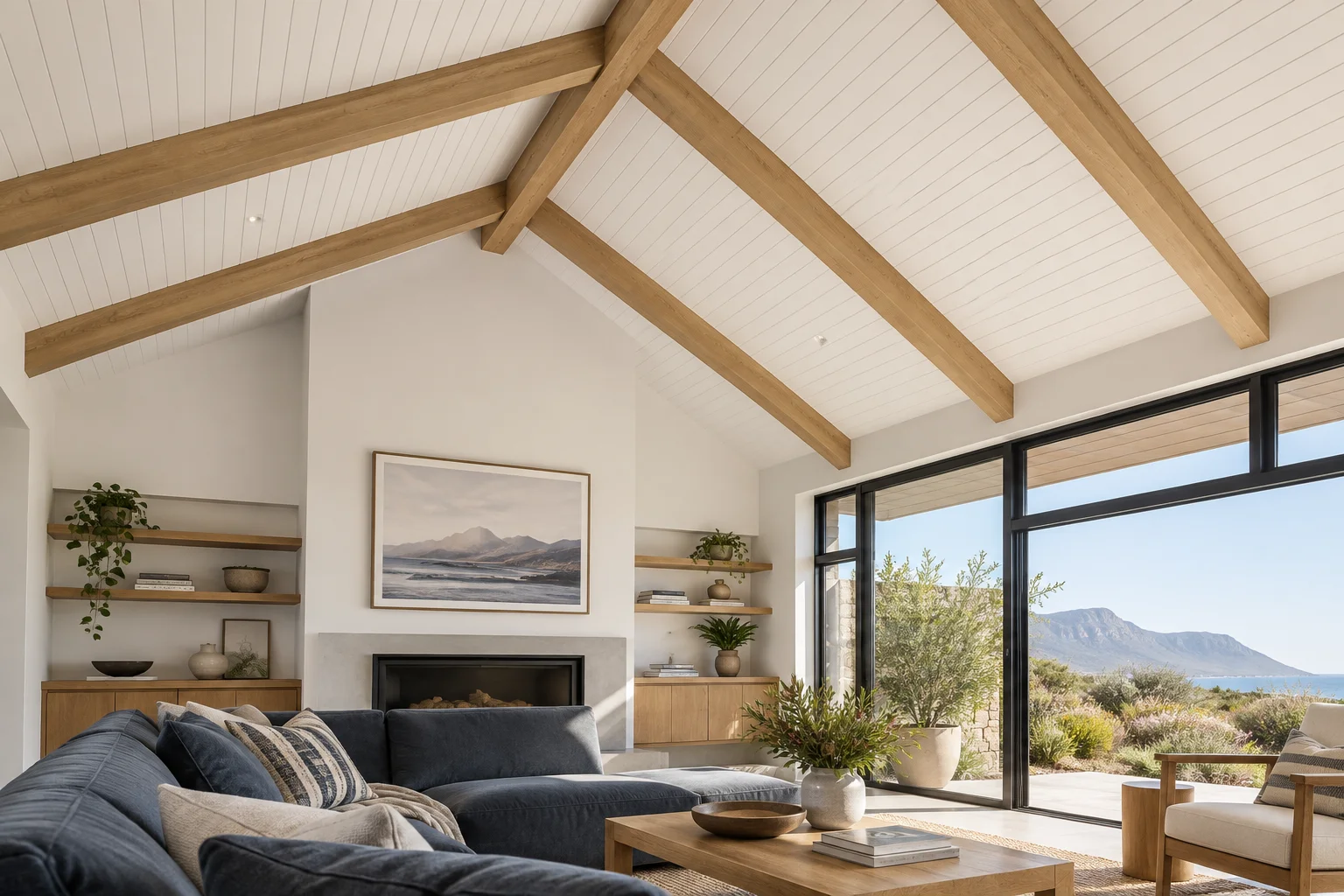 Design inspiration: a living room with a white vaulted ceiling and exposed timber beams